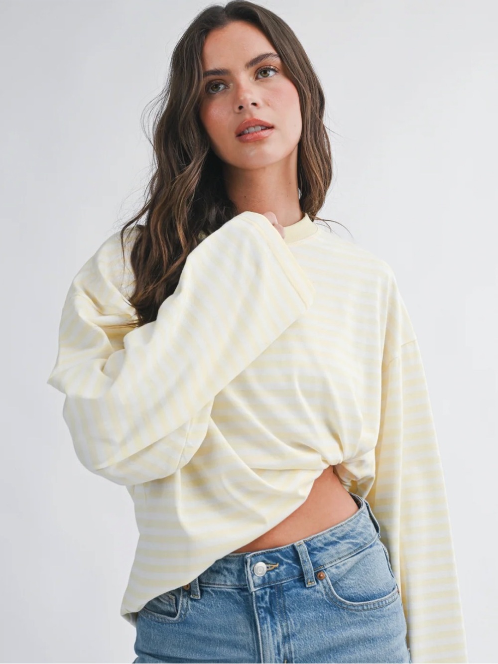 Aemi + Co Striped Long-Sleeve Crop Top in Pale Yellow